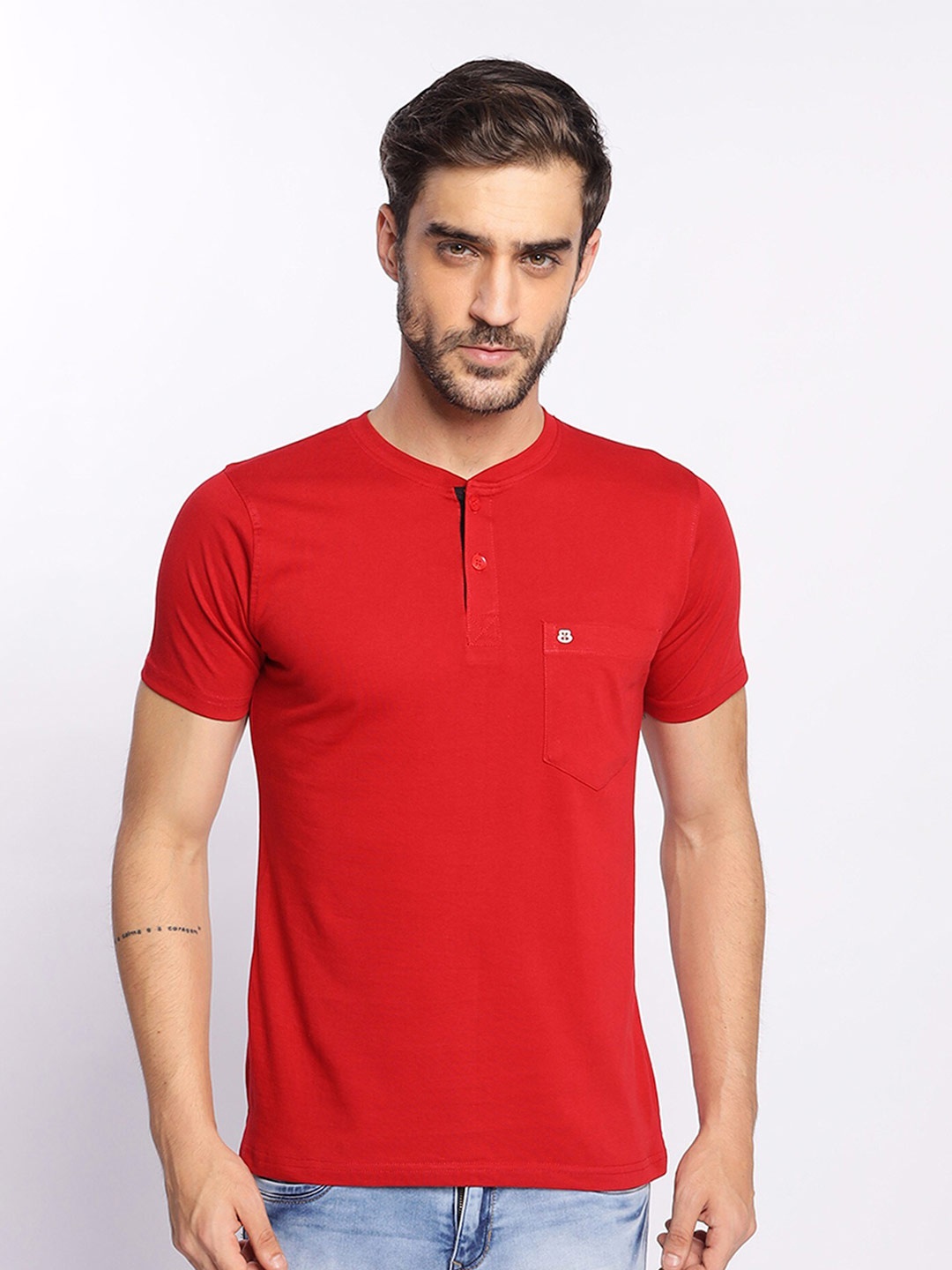 

berry blues Henley Neck Short Sleeves Cotton T-shirt, Red