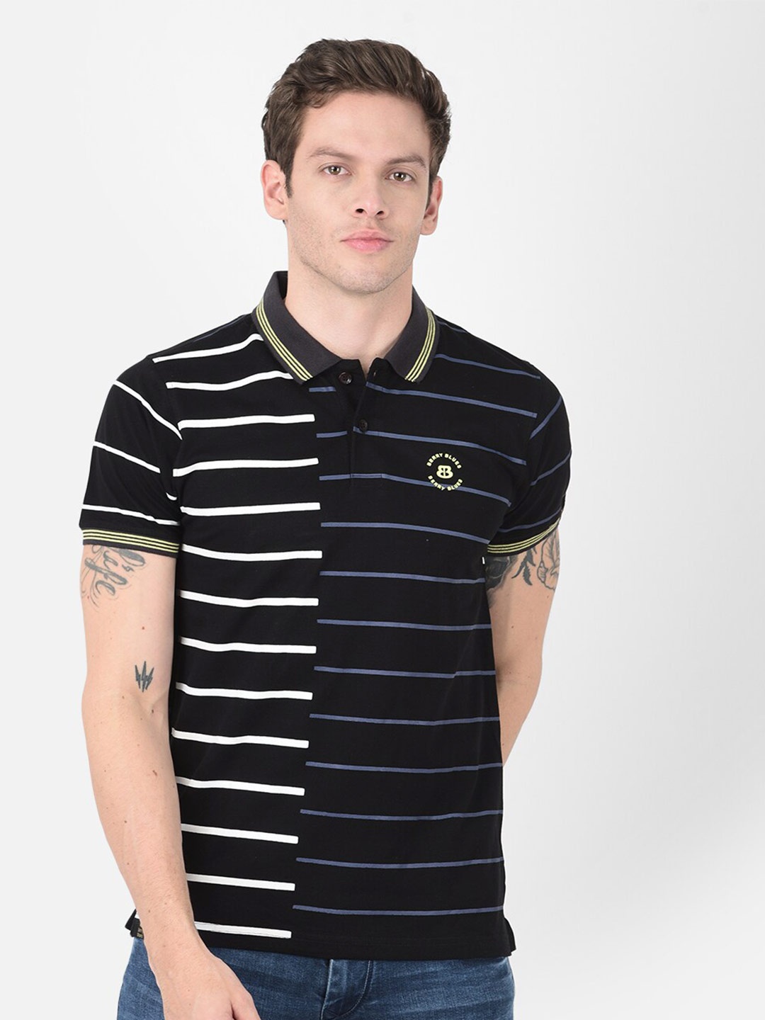 

berry blues Striped Polo Collar Cotton T-shirt, Black