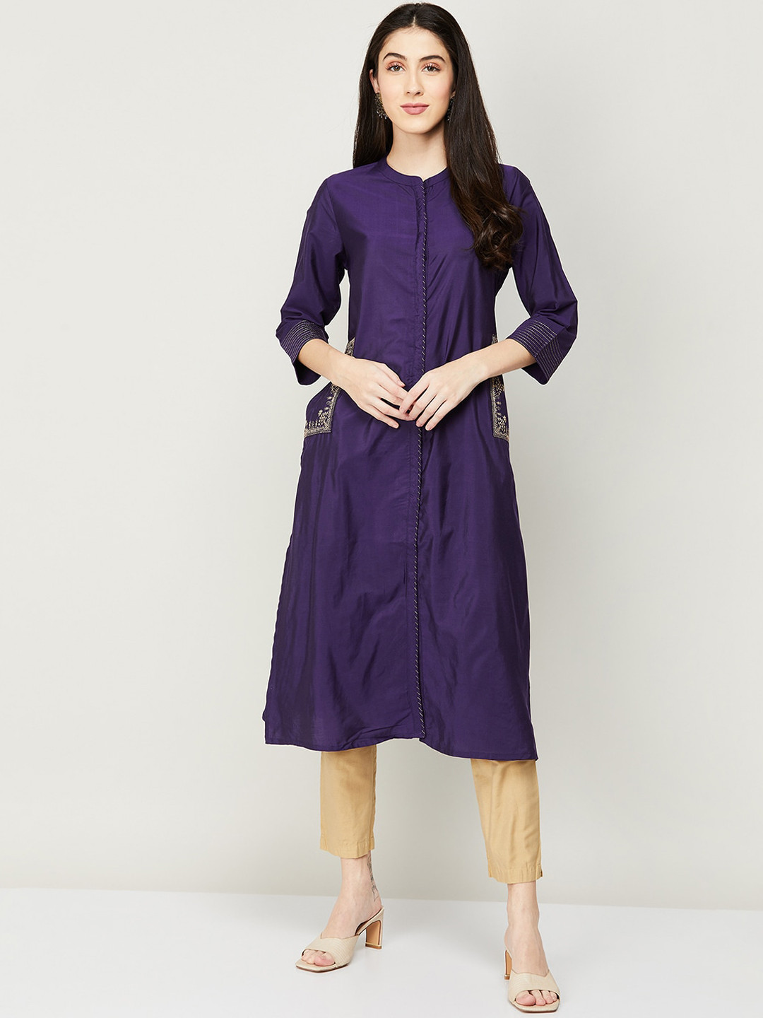 

Melange by Lifestyle Band Collar Thread Work Straight Kurta, Purple