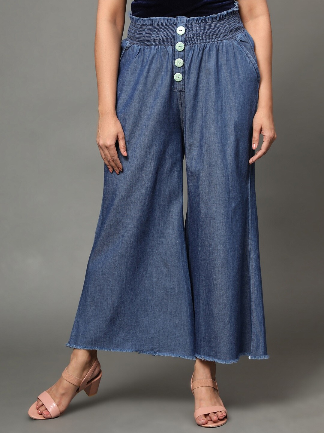 

AngelFab Women Cotton Chambray Wide Leg Palazzos, Blue