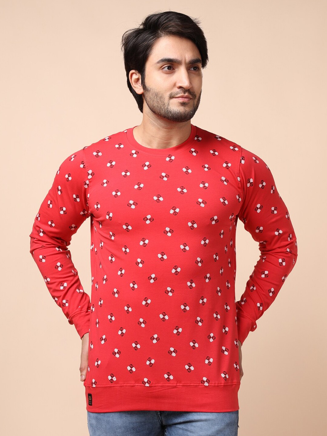 

berry blues Round Neck Geometric Printed Cotton Sweatshirt, Red