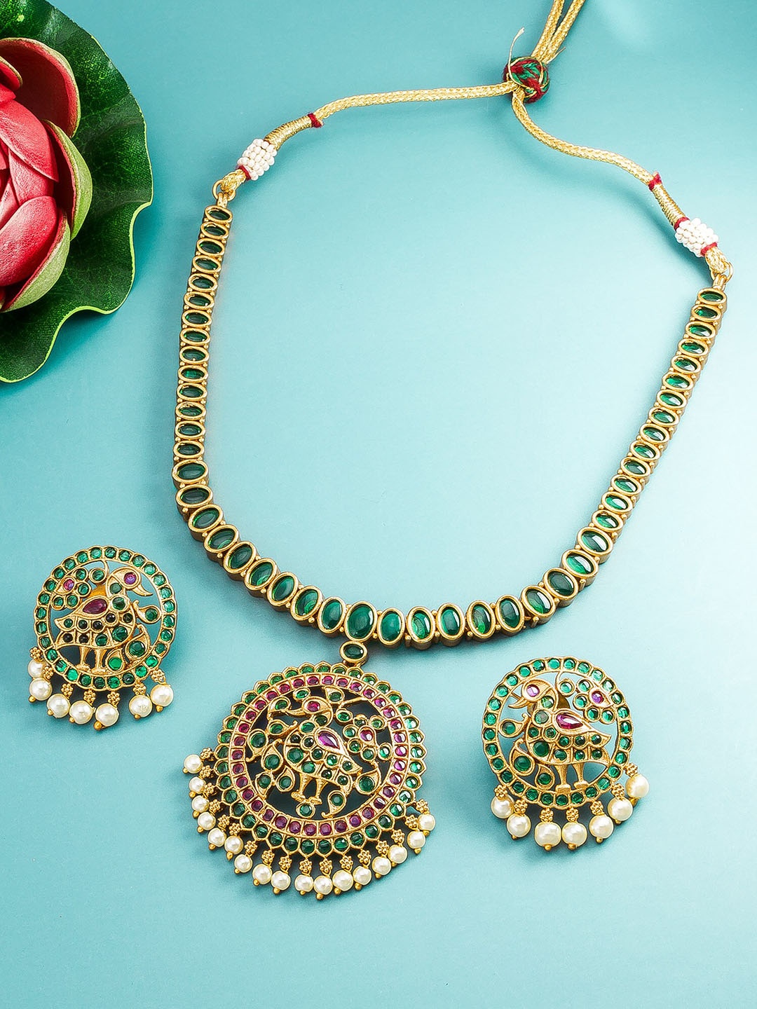 

aadita Gold-Plated Artificial Stones And Beads Jewellery Set, Green