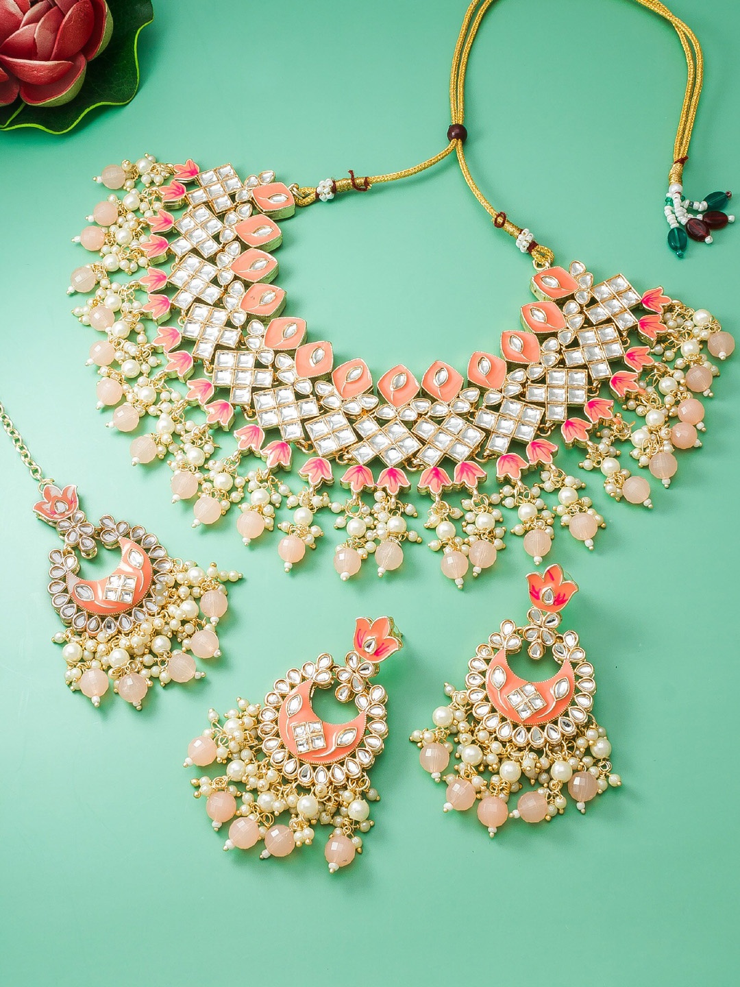 

aadita Gold-Plated Artificial Stones And Beads Jewellery Set, Peach