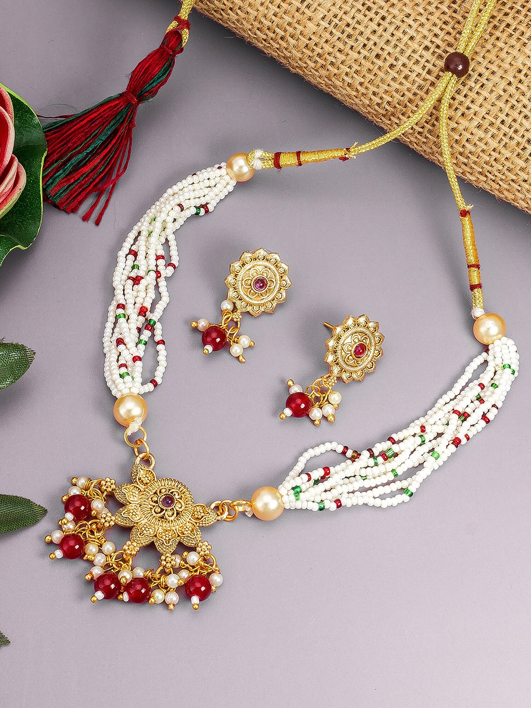 

aadita Gold-Plated Artificial Stones And Beads Jewellery Set, Red