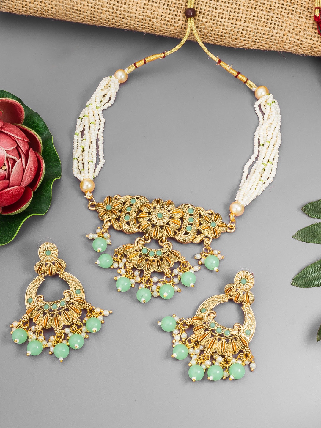 

aadita Gold-Plated Artificial Stones And Beads Jewellery Set, Green
