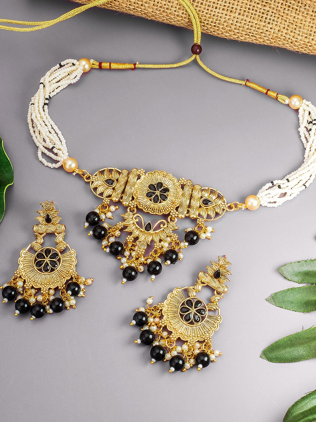 

aadita Gold-Plated Artificial Stones And Beads Jewellery Set, Black