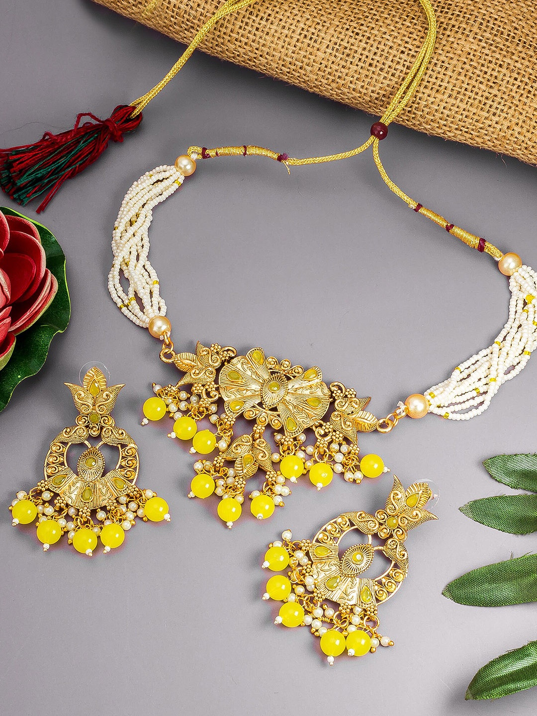 

aadita Gold-Plated Artificial Stones And Beads Jewellery Set, Yellow