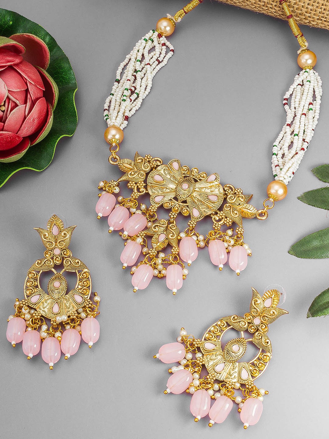 

aadita Gold-Plated Artificial Stones And Beads Jewellery Set, Pink