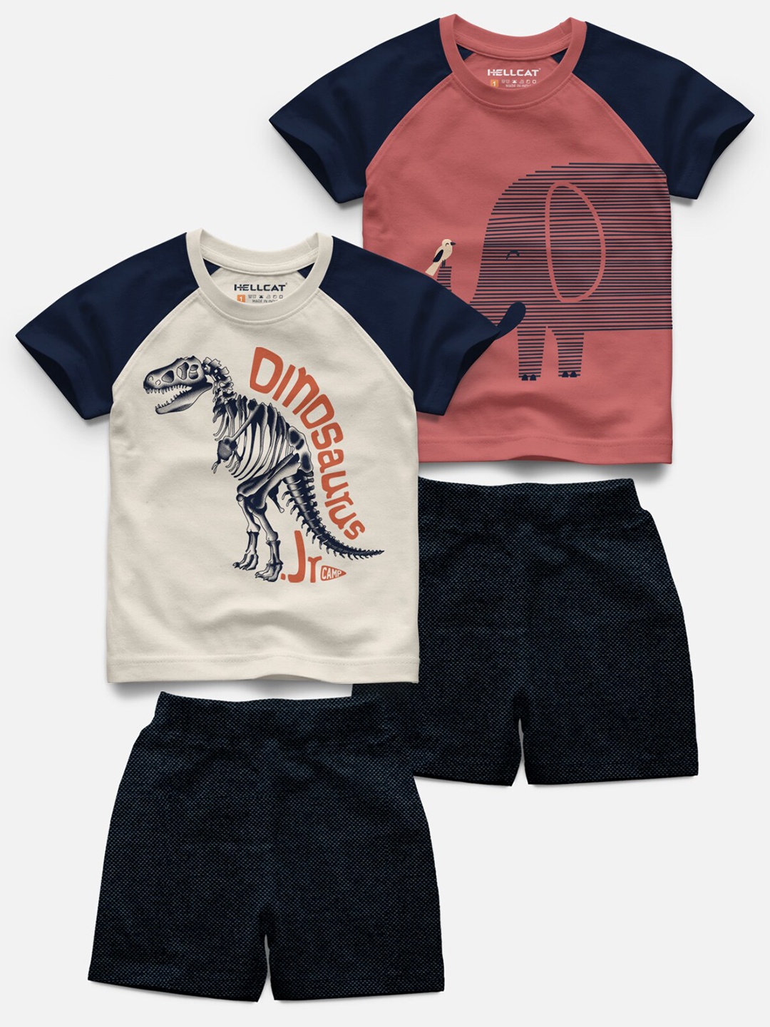 

HELLCAT Infant Kids Set Of 2 Graphic Printed Raglan Sleeves T-shirt With Shorts, Beige