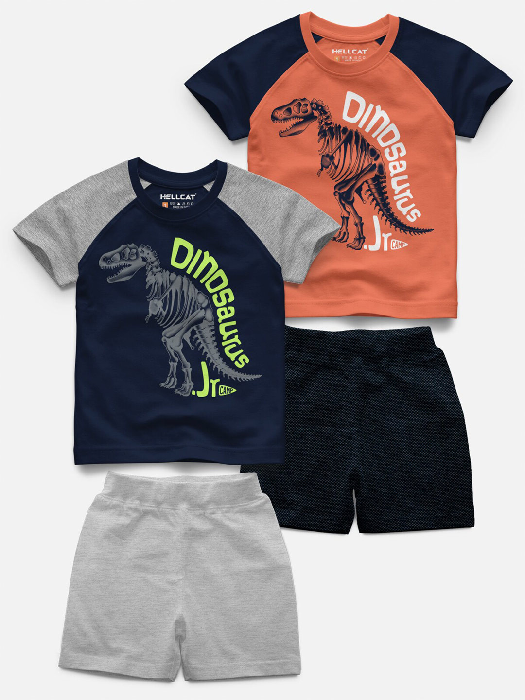 

HELLCAT Infant Kids Pack Of 4 Graphics Printed Raglan Sleeves T-shirt With Shorts, Navy blue