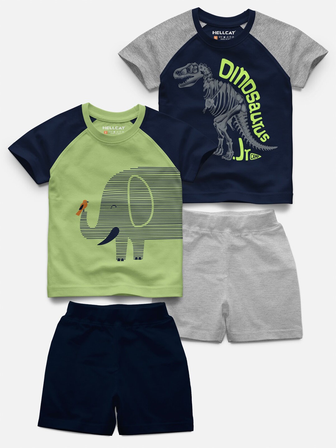 

HELLCAT Infant Kids Set Of 2 Graphic Printed Raglan Sleeves T-shirt With Shorts, Green