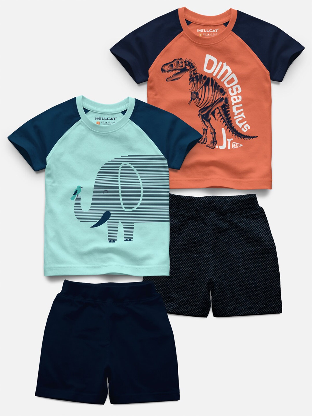 

HELLCAT Infant Kids Set Of 2 Graphic Printed Raglan Sleeves T-shirt With Shorts, Orange