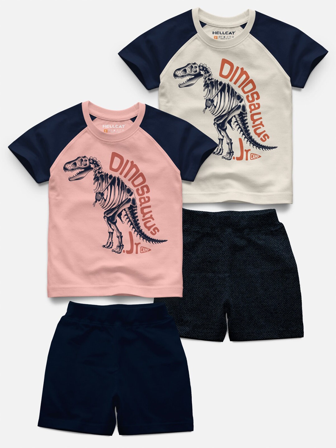 

HELLCAT Infant Kids Pack Of 4 Graphics Printed Raglan Sleeves T-shirt With Shorts, Pink
