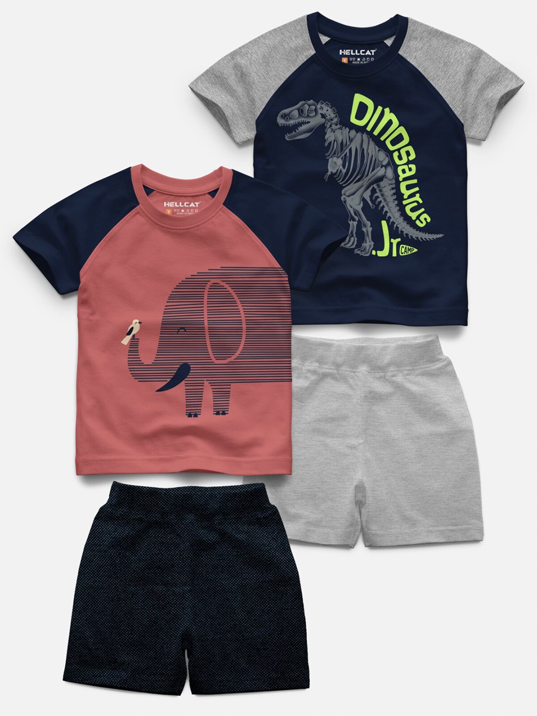 

HELLCAT Infant Kids Pack Of 4 Graphics Printed Raglan Sleeves T-shirt With Shorts, Rust