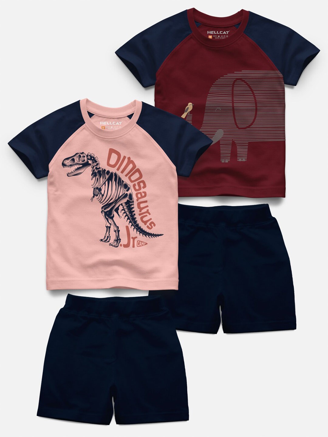 

HELLCAT Kids Pack Of 2 Printed Raglan Sleeves T-shirt with Shorts, Peach
