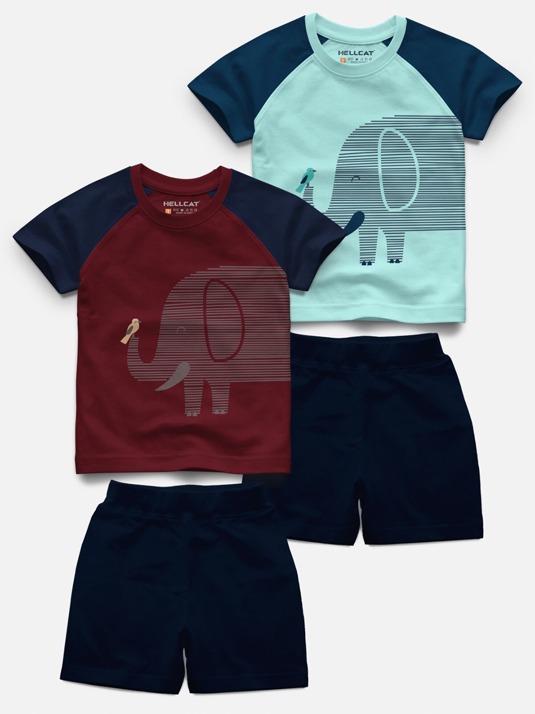 

HELLCAT Infant Kids Pack Of 4 Graphics Printed Raglan Sleeves T-shirt With Shorts, Burgundy
