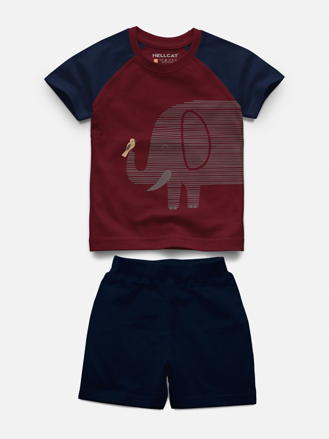 

HELLCAT Kids Printed Raglan Sleeves T-shirt with Shorts, Burgundy