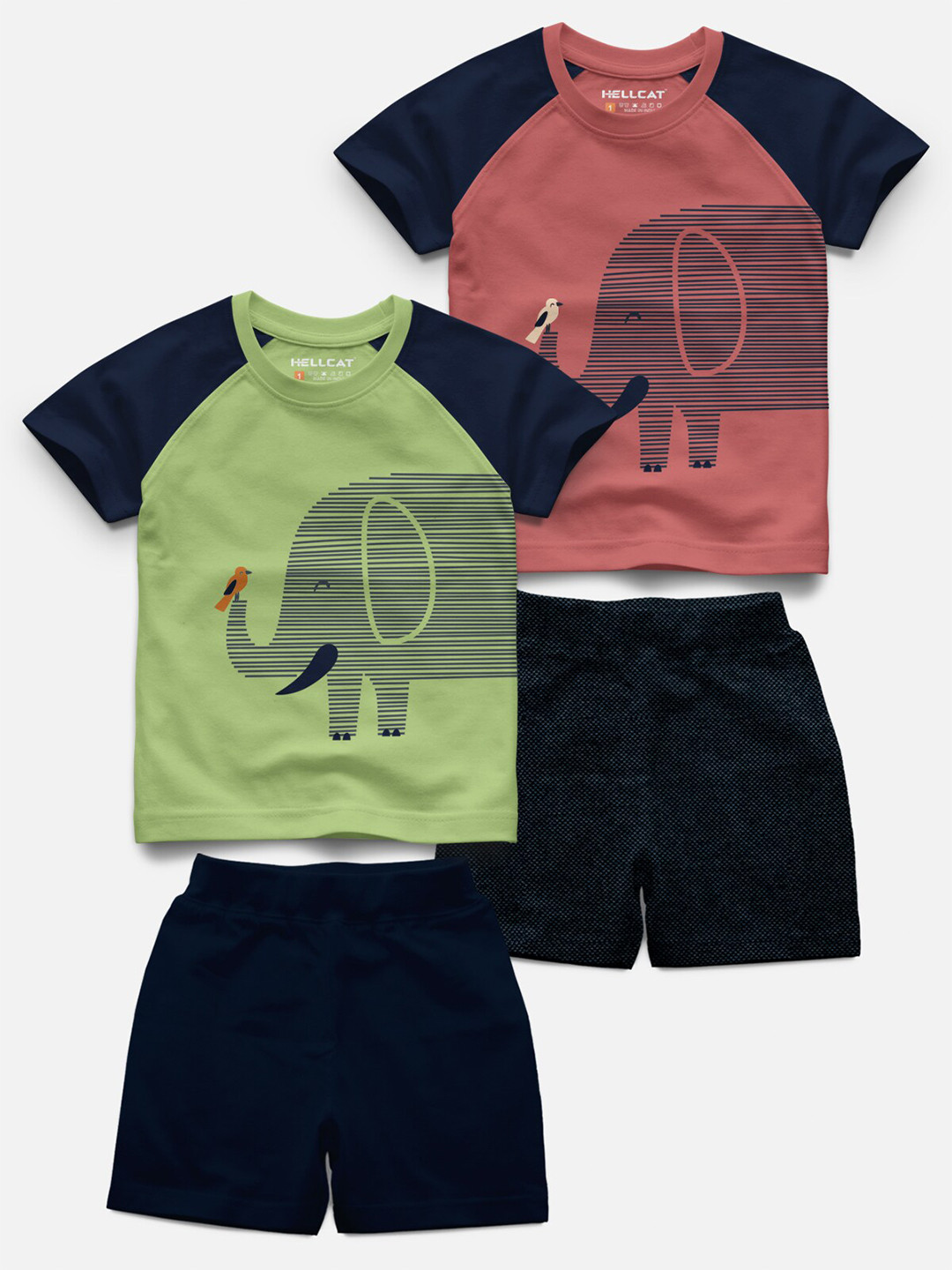 

HELLCAT Infant Kids Set Of 2 Graphic Printed Raglan Sleeves T-shirt With Shorts, Green