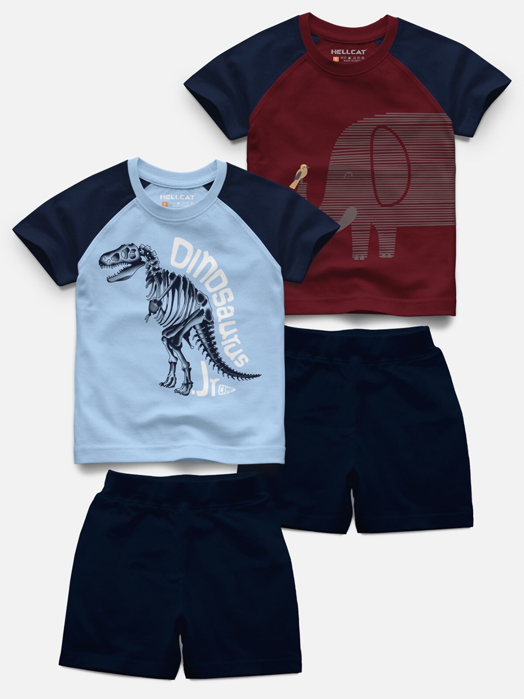 

HELLCAT Infant Kids Set Of 2 Graphic Printed Raglan Sleeves T-shirt With Shorts, Blue