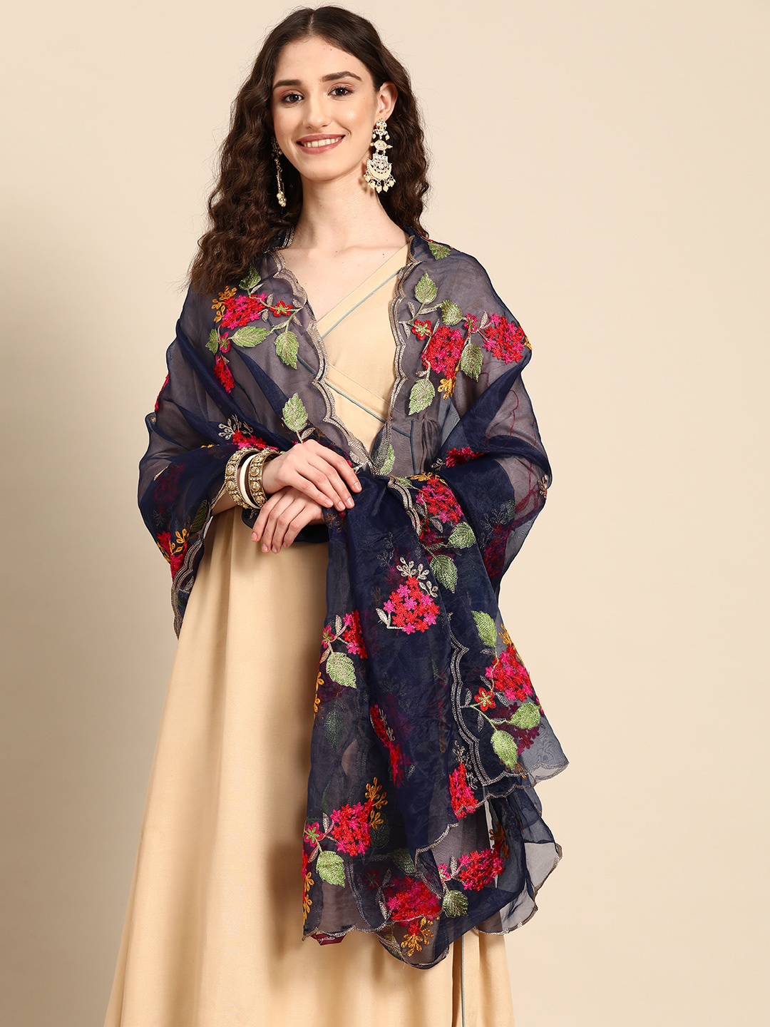 

Sangria Floral Embroidered Organza Dupatta, Navy blue