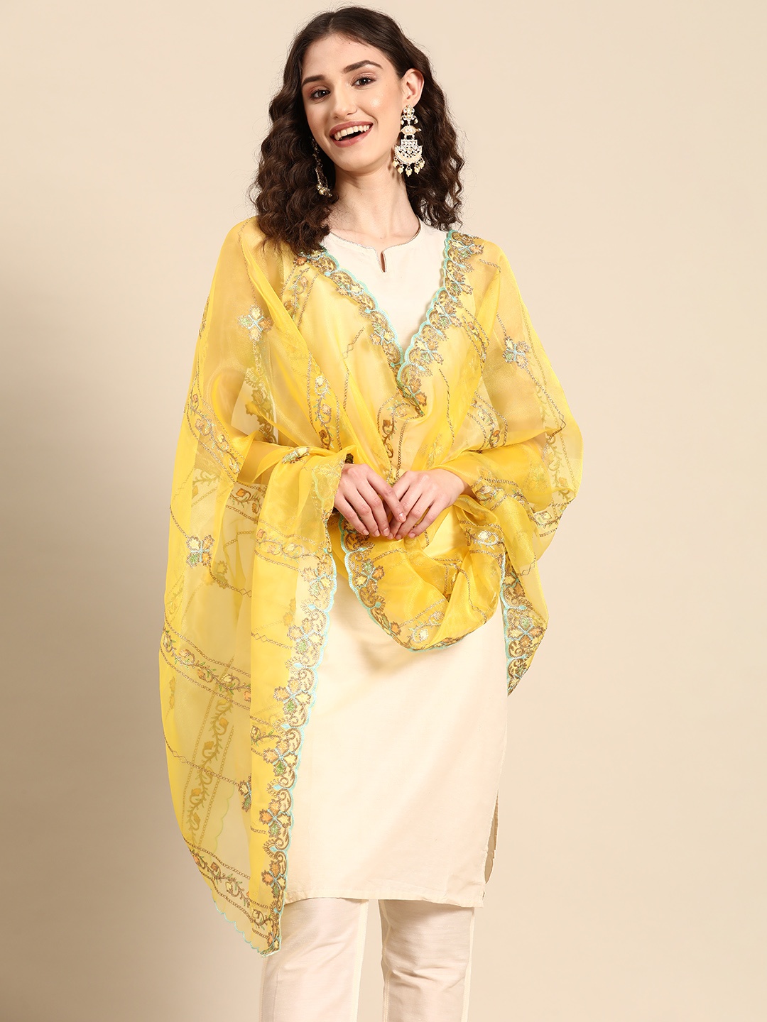 

Sangria Embroidered Organza Dupatta with Zari, Yellow