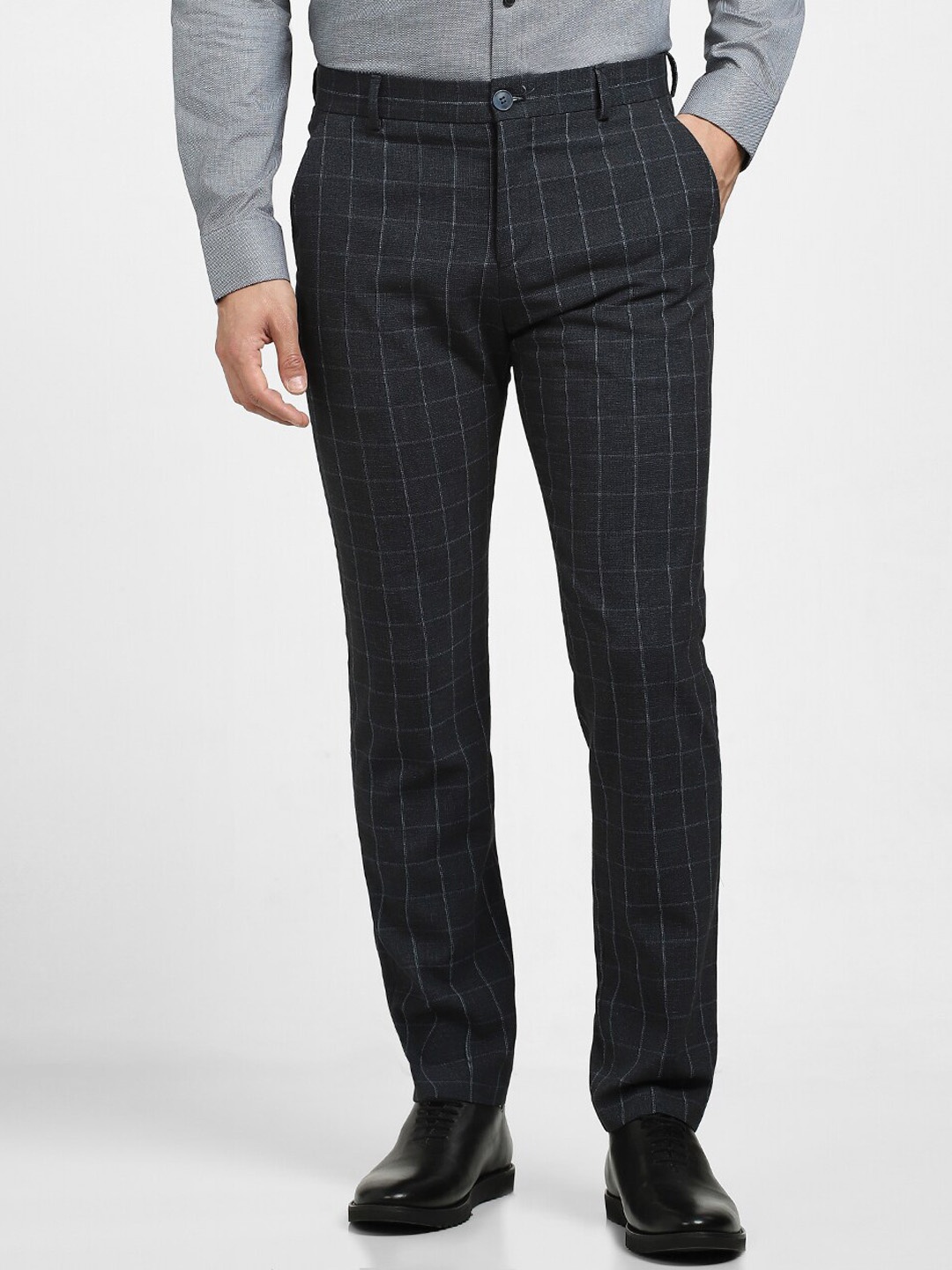 

SELECTED Men Checked Slim Fit Formal Trousers, Navy blue