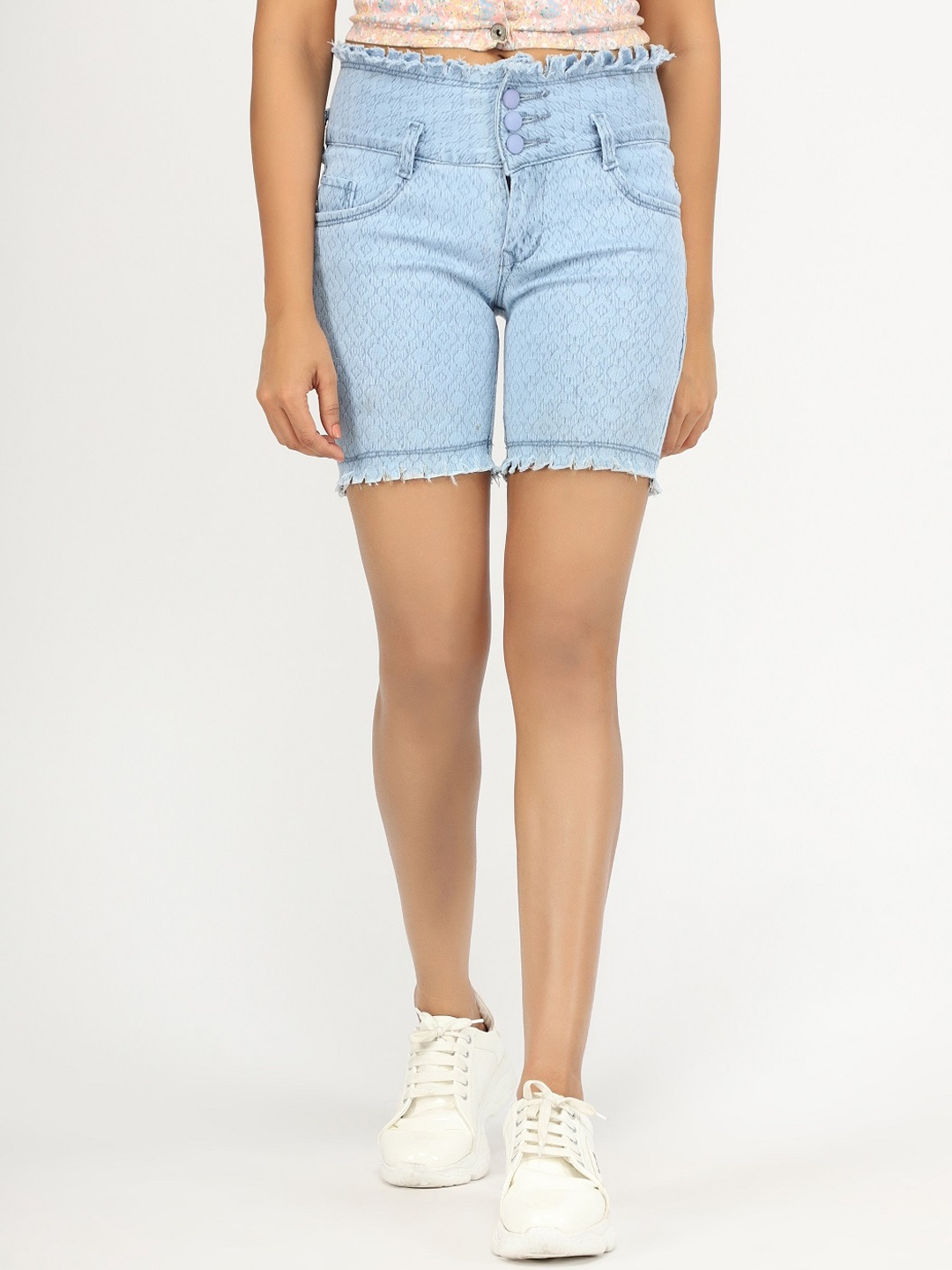 

AngelFab Women Self Design High-Rise Denim Shorts, Blue