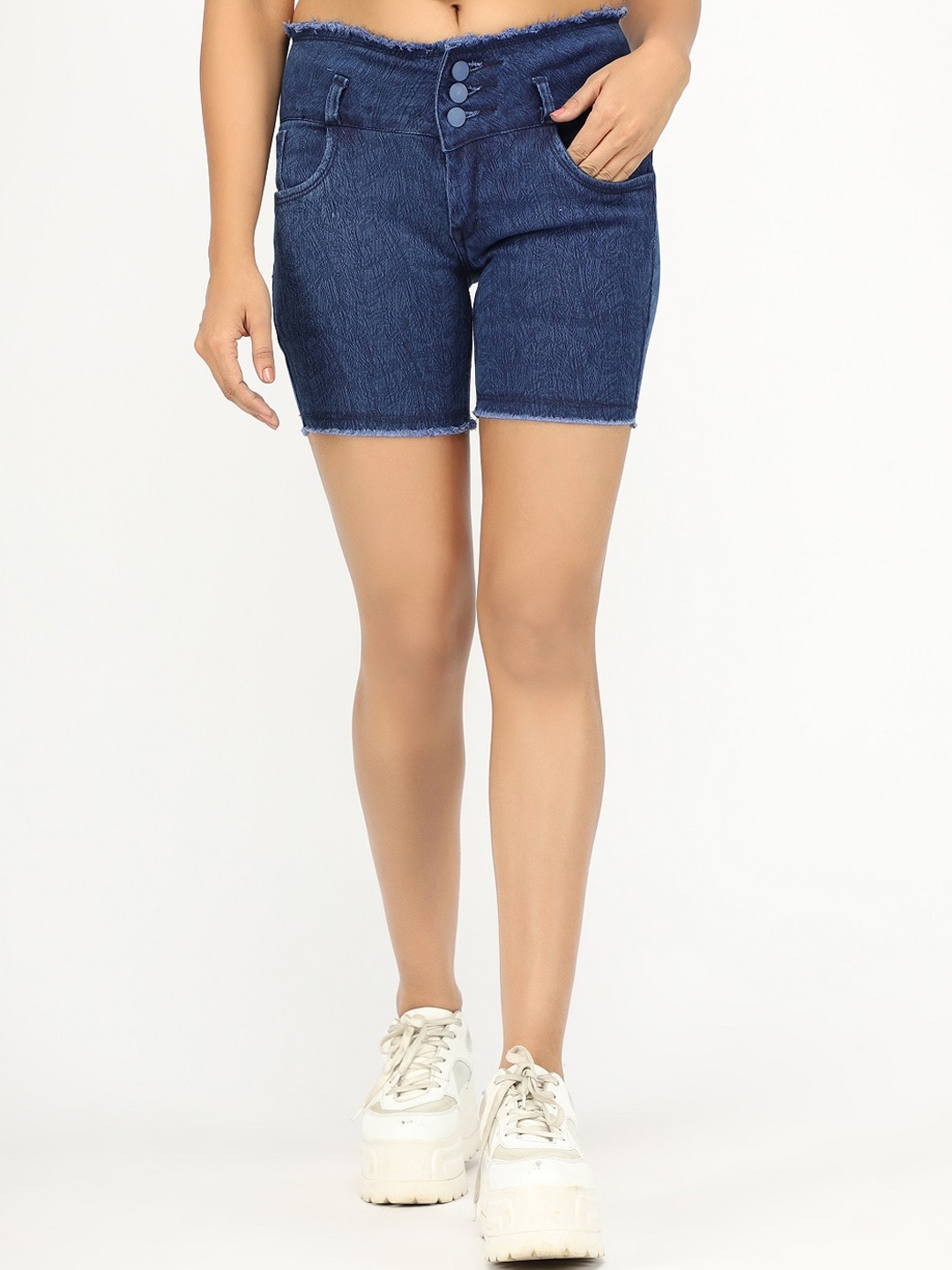 

AngelFab Women Self Design High-Rise Denim Shorts, Blue