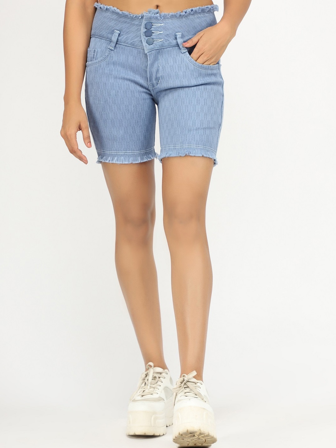 

AngelFab Women Self Design High-Rise Denim Shorts, Blue