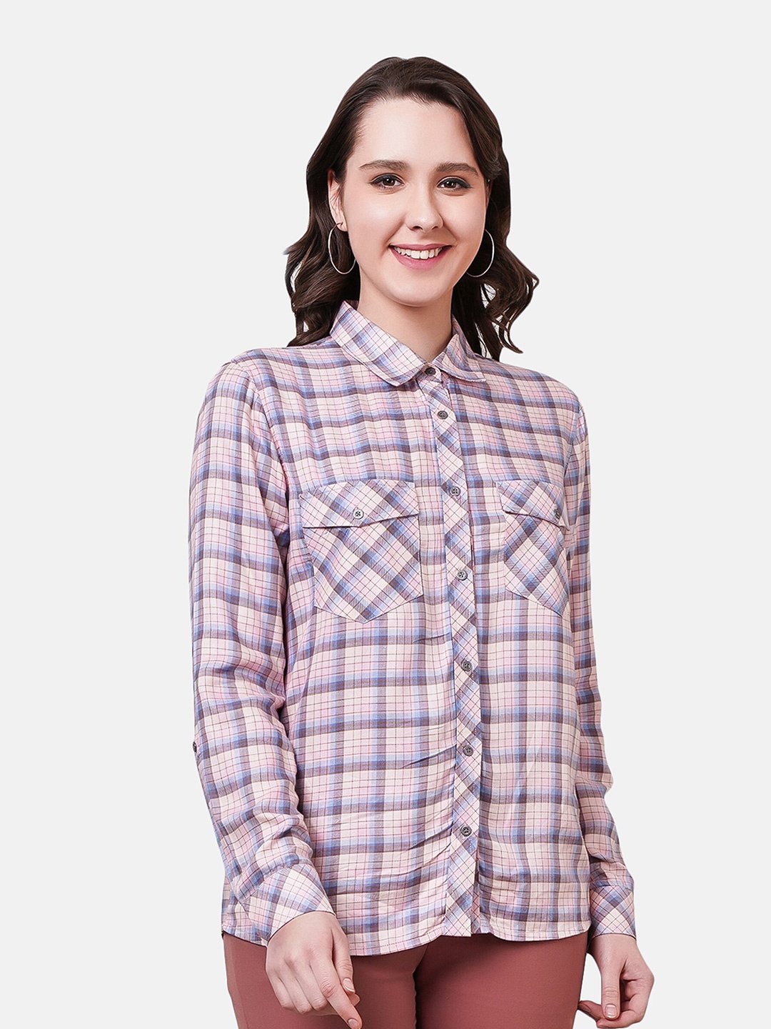 

NUEVOSDAMAS Tartan Checks Checked Casual Shirt, Pink