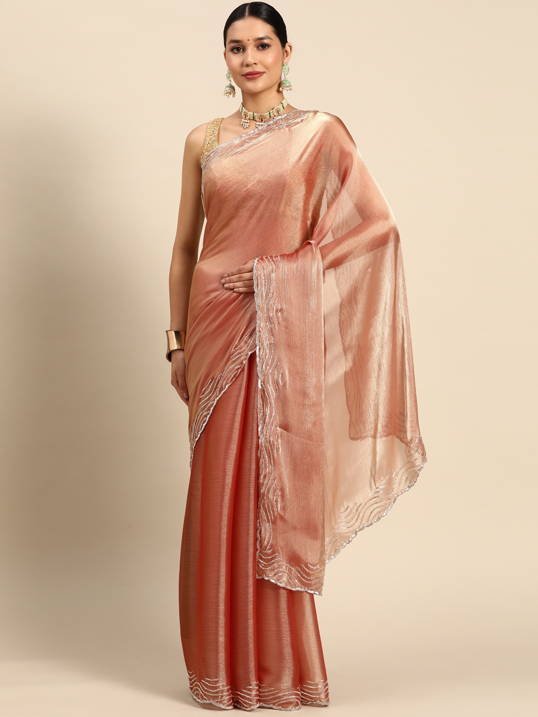 

SAARYA Beads and Stones Tissue Saree, Peach