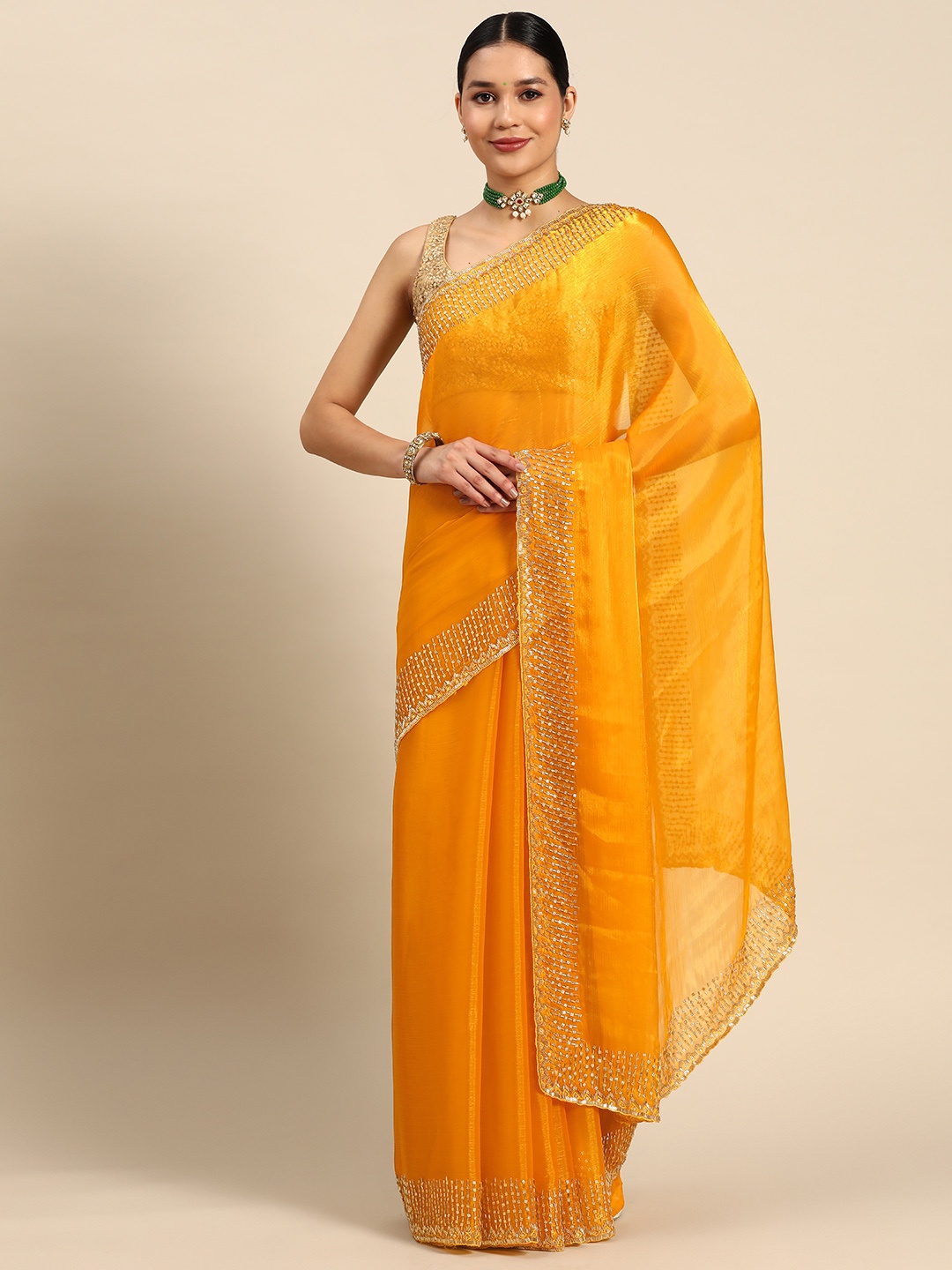 

SAARYA Beads and Stones Tissue Saree, Yellow