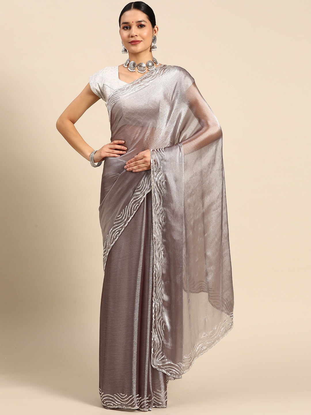 

SAARYA Beads & Stones Tissue Saree, Grey