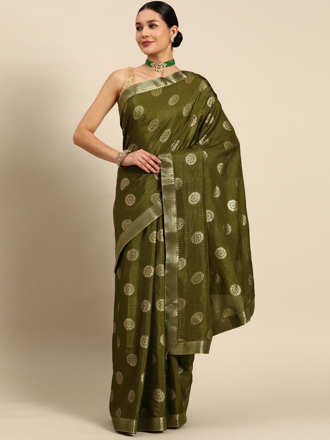 

SAARYA Ethnic Motifs Zari Block Print Saree, Green