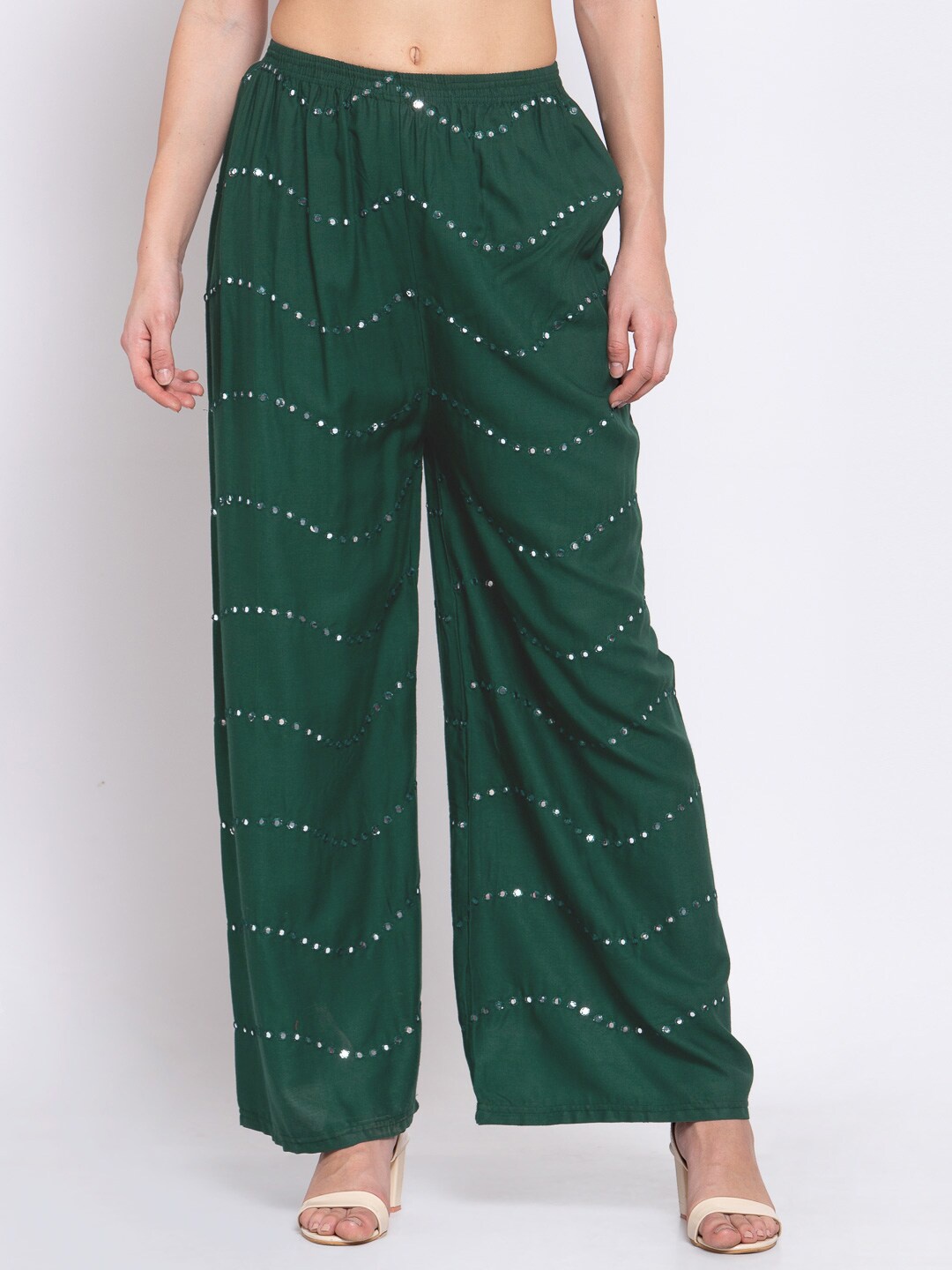 

KLOTTHE Women Mirror Work Wide-Leg Woven Western Palazzo, Green