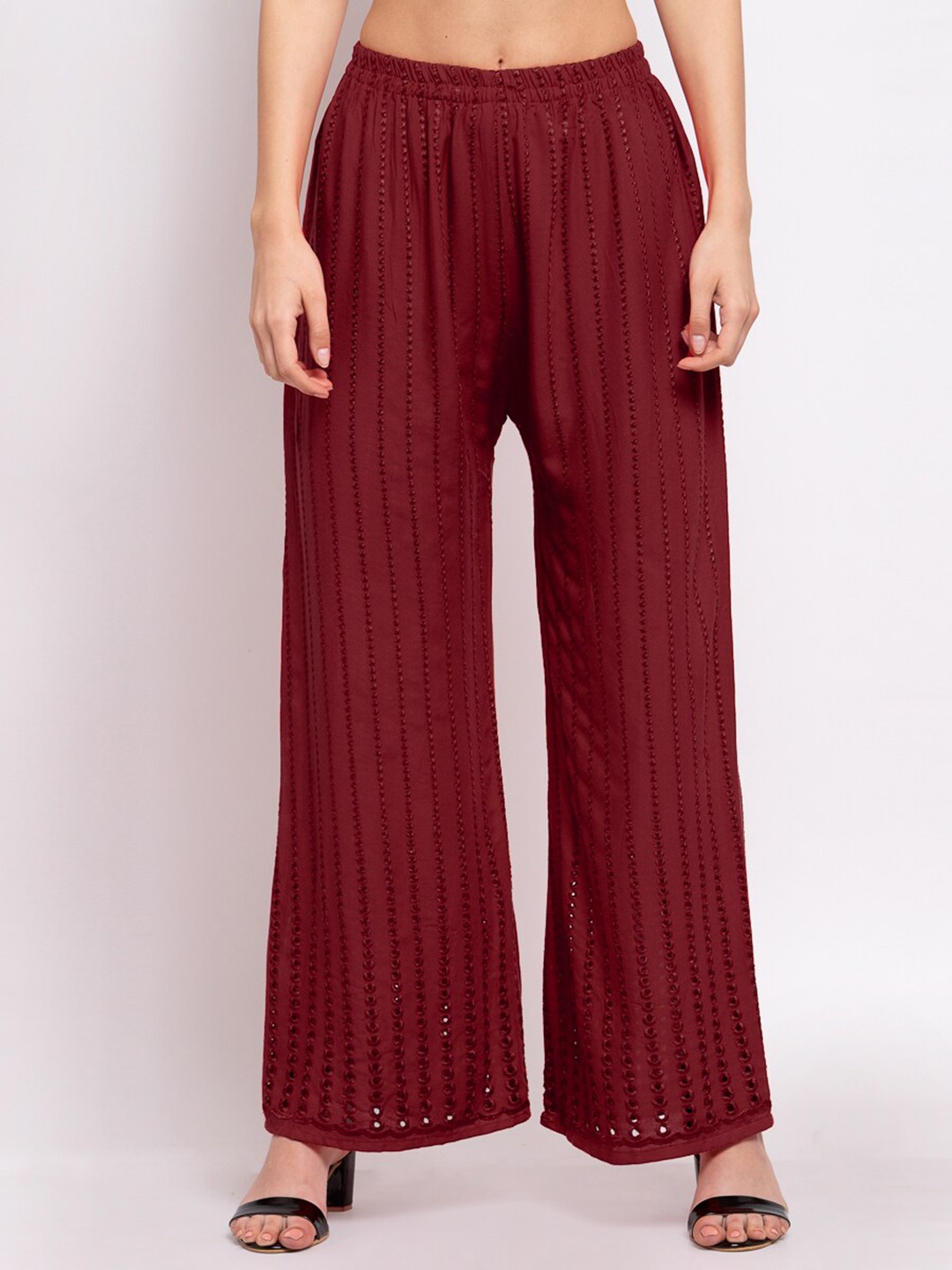 

KLOTTHE Women Self-Design Wide-Leg Woven Western Palazzo, Maroon