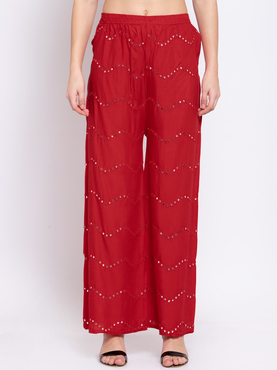 

KLOTTHE Women Mirror Work Wide-Leg Woven Western Palazzo, Red