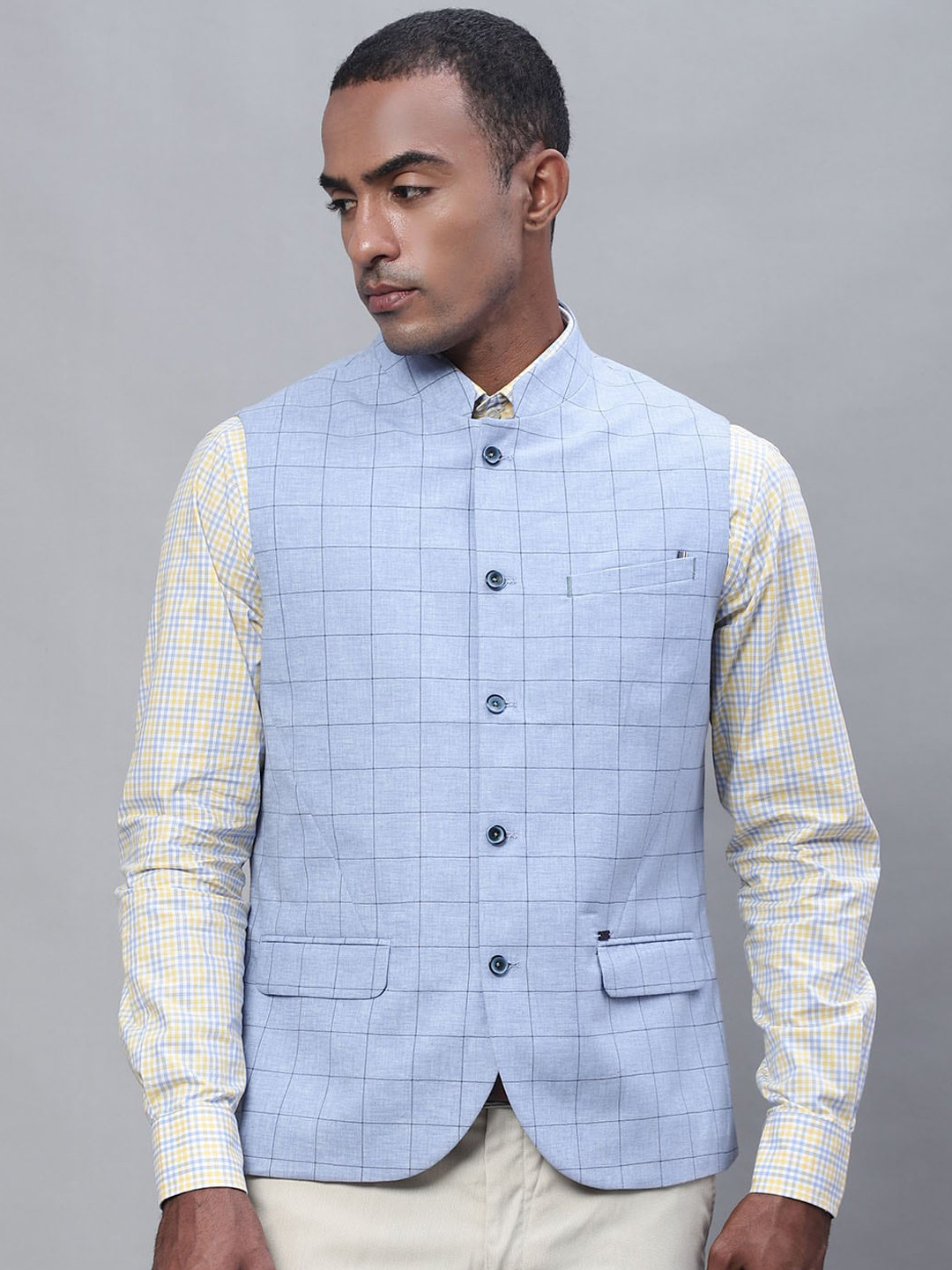 

Cantabil Men Checked Nehru Jacket, Blue