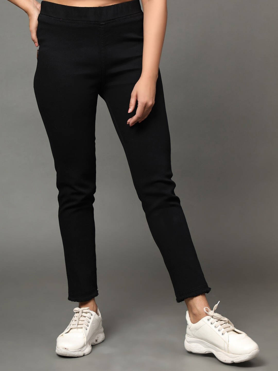 

AngelFab Women Regular Fit Fit Mid-Rise Cotton Denim Jeggings, Black
