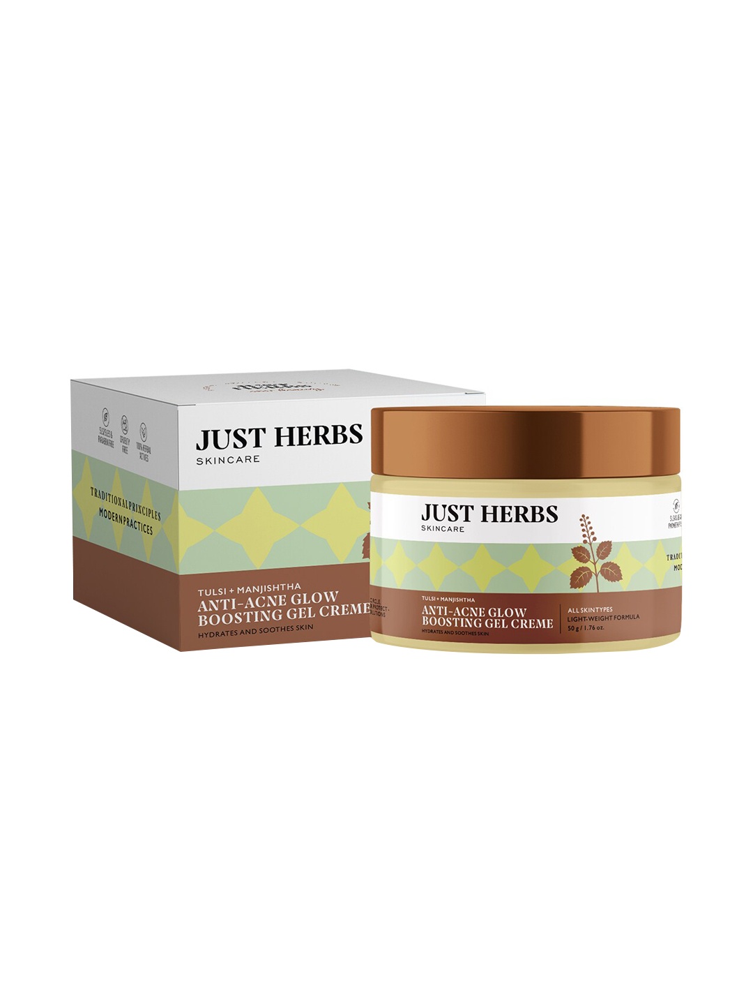 

Just Herbs Anti-Acne Glow Boosting Gel Creme With Tulsi & Manjishtha - 60g, Green
