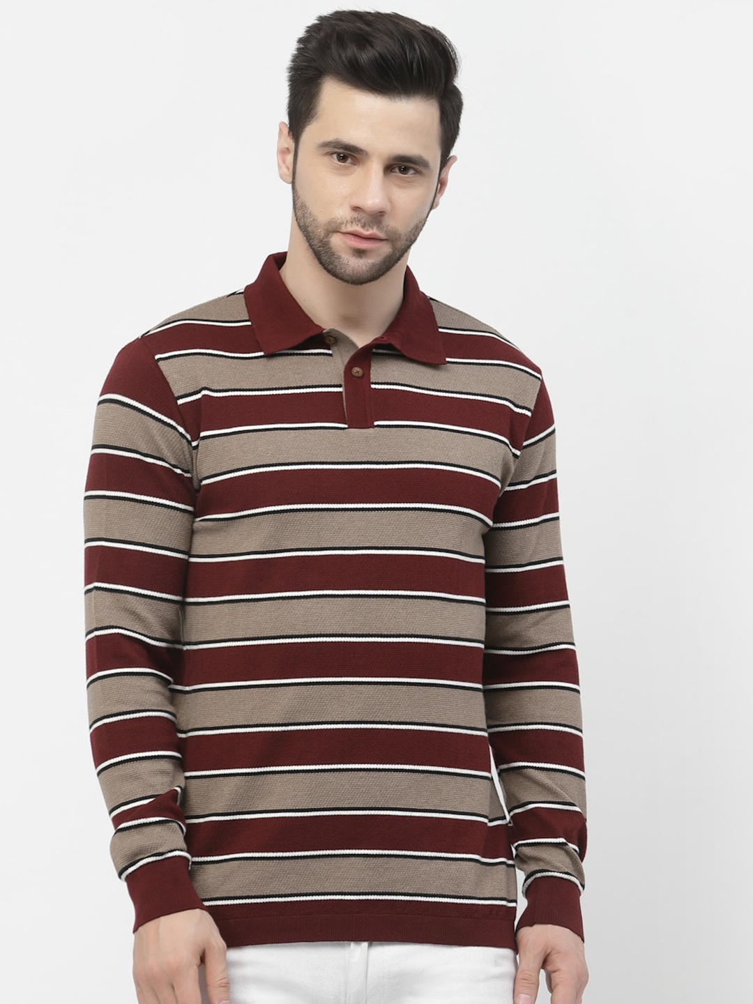 

Kalt Striped Polo Collar Full Sleeves Cotton T-shirt, Maroon