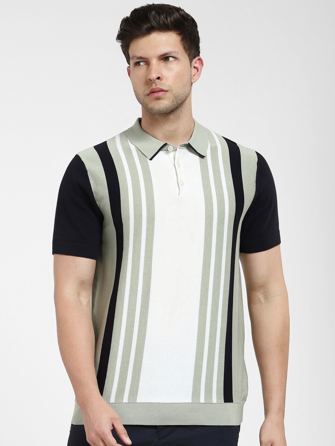 

SELECTED Striped Printed Polo Collar Organic Cotton T-Shirt, Taupe