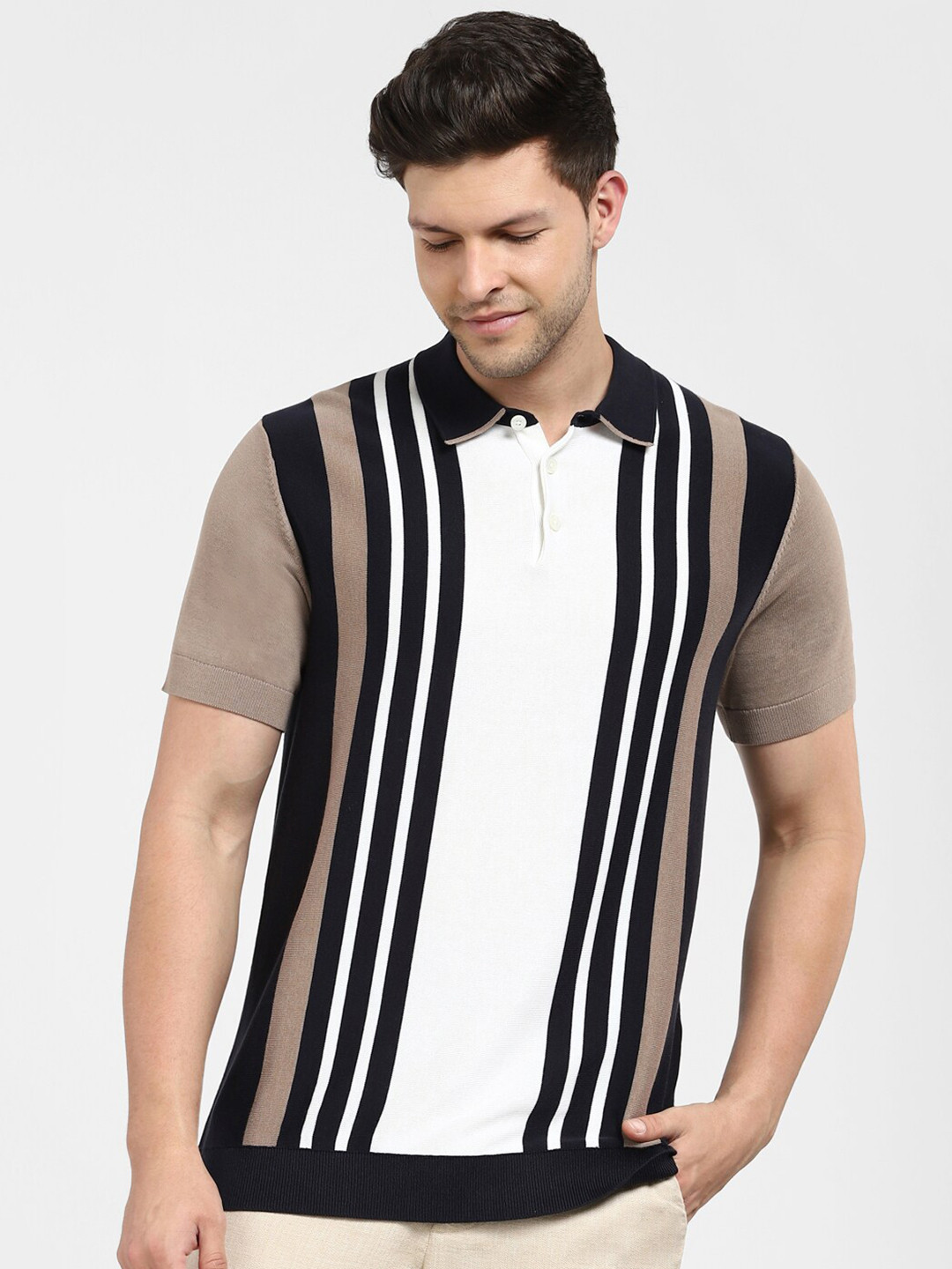 

SELECTED Striped Polo Collar Organic Cotton T-shirt, Black