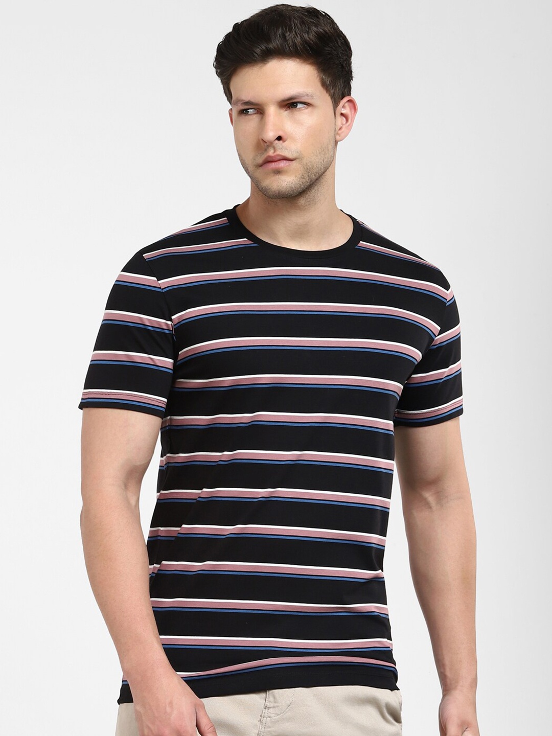 

SELECTED Striped Organic Cotton Slim Fit T-shirt, Black