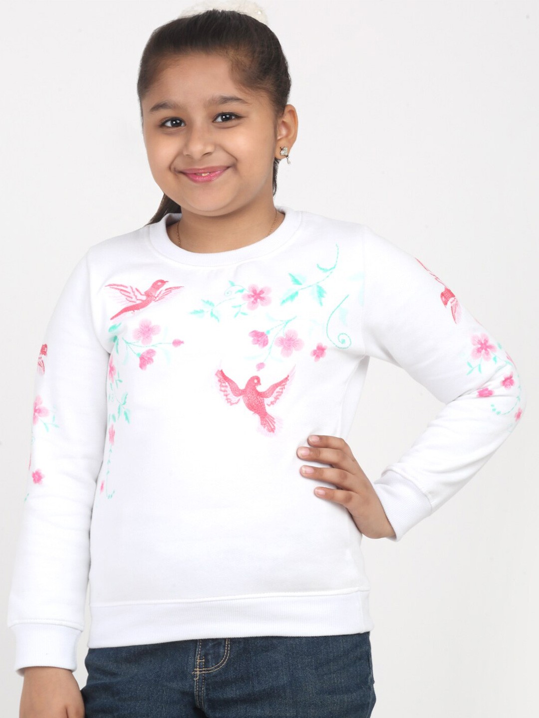 

HERE&NOW Girls Floral Embroidered Cotton Hooded Sweatshirt, White