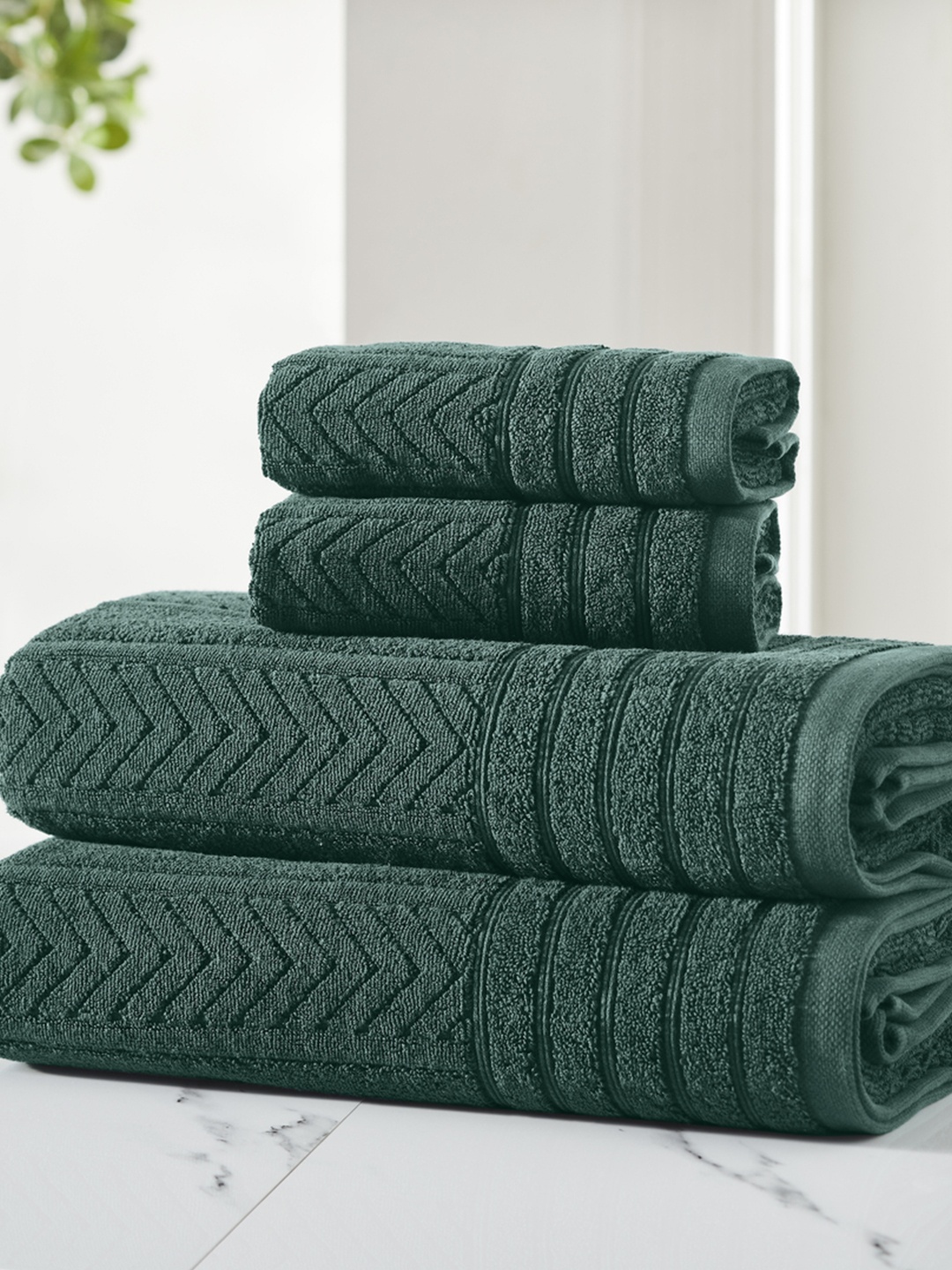 

HOUMN Placid Green 4 Pieces 600 GSM Self-Designed Terry Cotton Towel Set