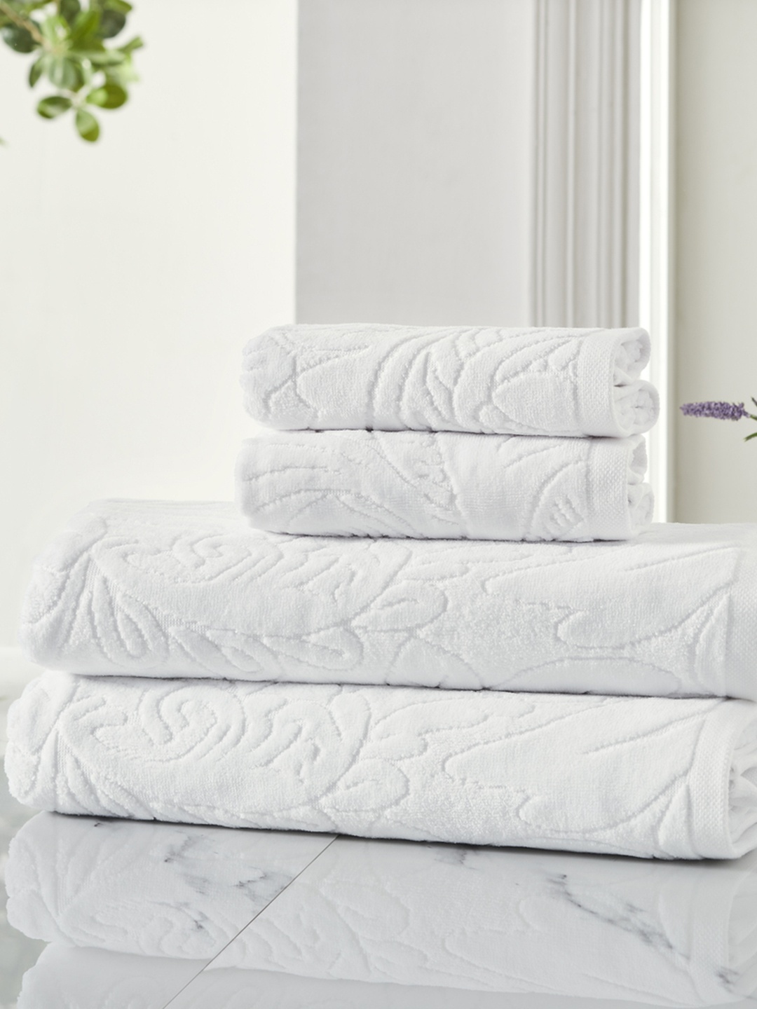

HOUMN Accent White 4 Pieces 550 GSM Self-Designed Terry Cotton Towel Set