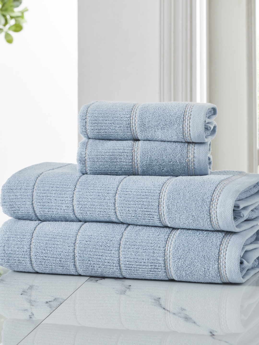 

HOUMN Symmetry Blue 4 Pieces 600 GSM Striped Terry Cotton Towel Set