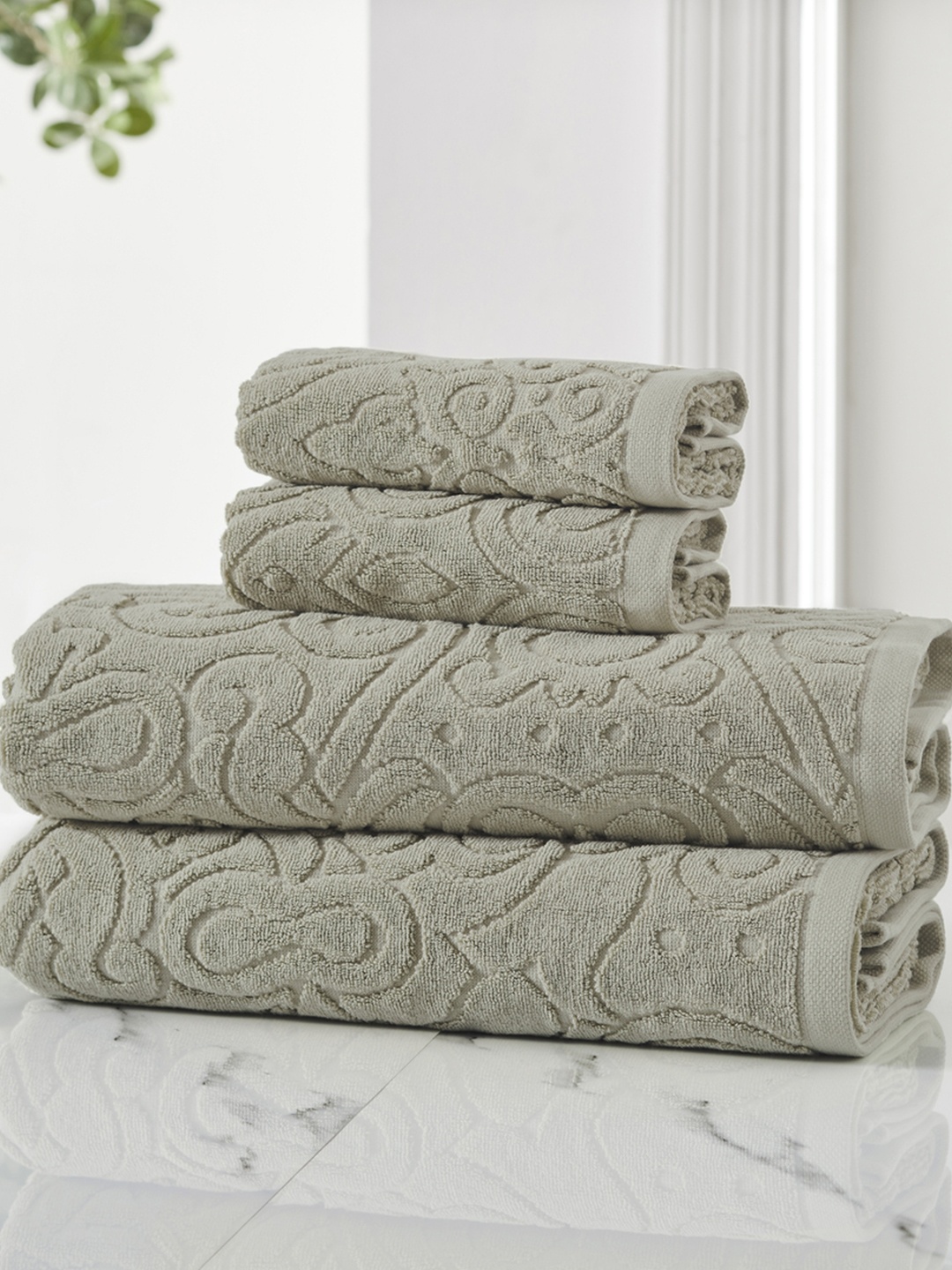 

HOUMN Daydream Green 4 Pieces 600 GSM Self-Designed Terry Cotton Towel Set