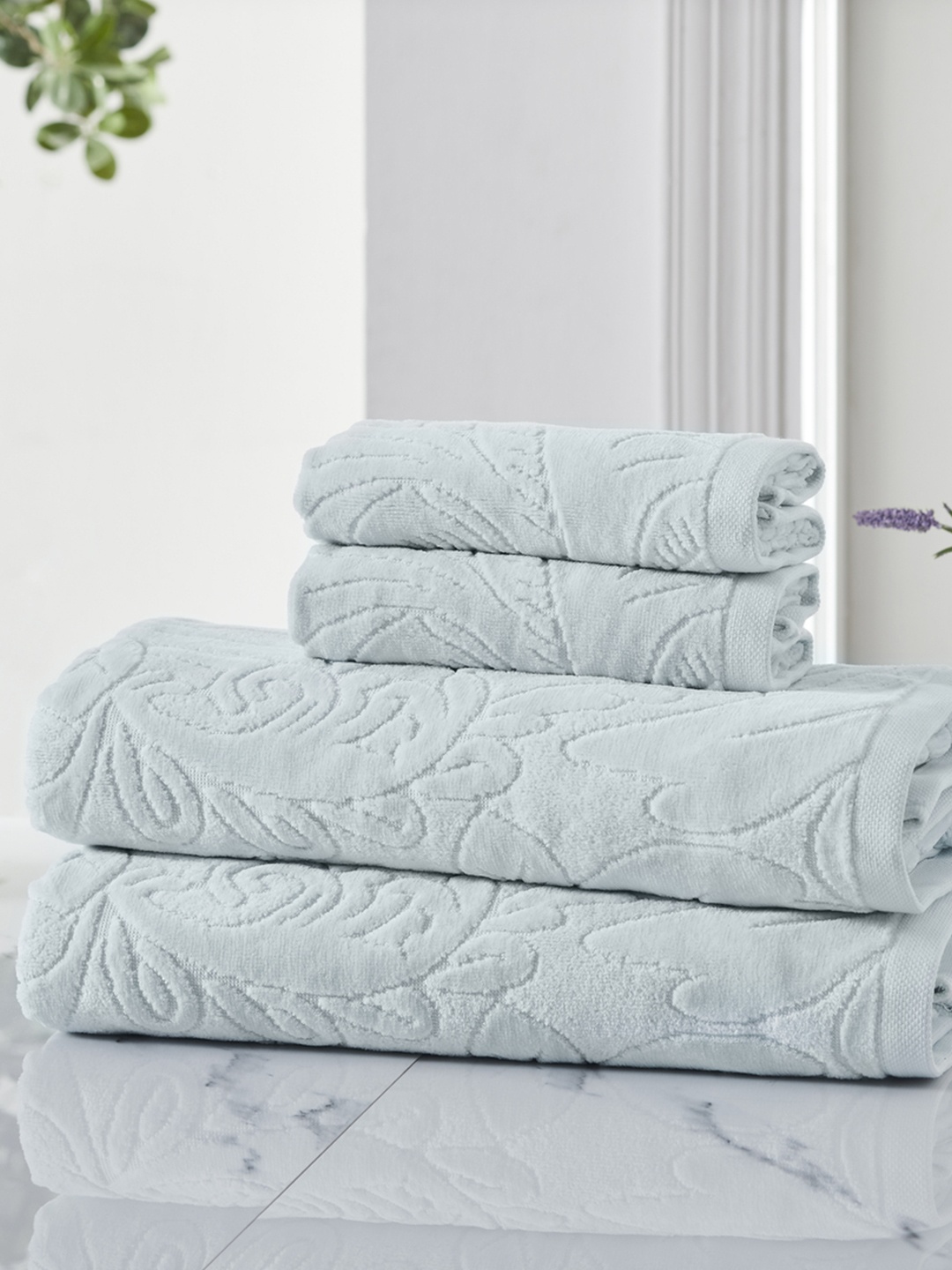 

HOUMN Accent Green 4 Pieces 550 GSM Self-Designed Terry Cotton Towel Set